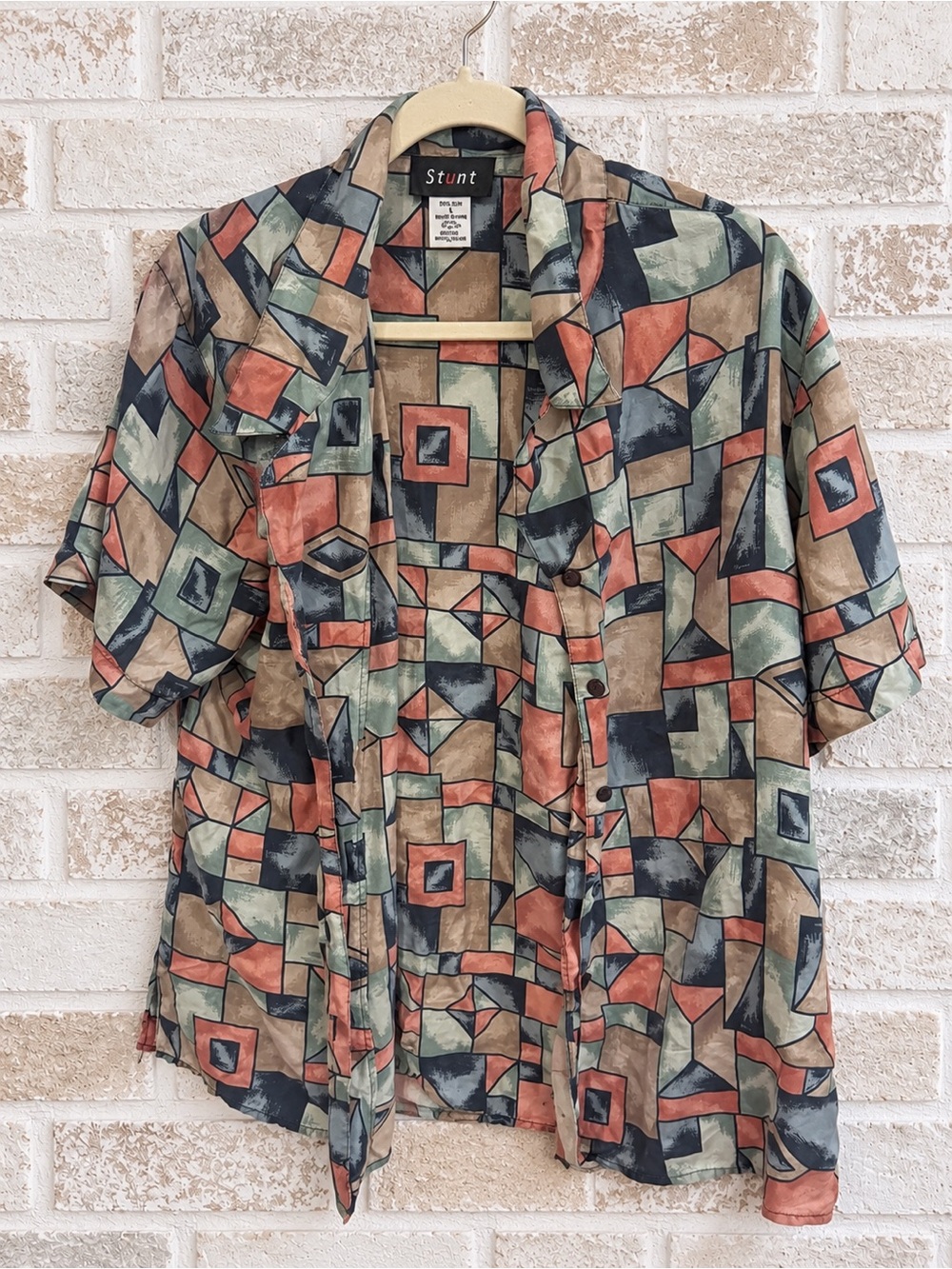 Vintage Stunt 100% Silk Blouse L Rare Abstract Geometric Art Colorful Print 90s - Picture 2 of 4